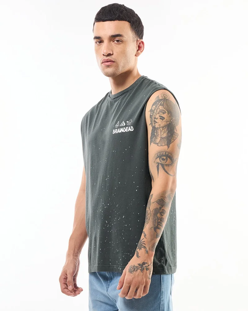 bewakoof Men's Grey Graphic Printed Oversized Vest